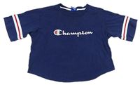 Tmavomodré crop tričko s logom a pruhmi Champion