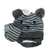 Nové - 2Set - Tmavošedo-světlemodrošedá pruhovaná čepice s čumáčkem a bambulemi + palcové rukavice 