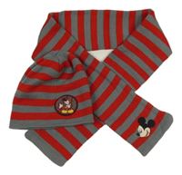 2Set - Sivo-červená pruhovaná pletená čapica s Mickey + šál Disney