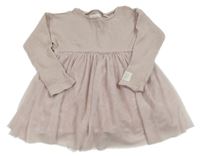 Pudrovo-světlerůžové žebrované úpletovo/tylové oversize šaty ZARA
