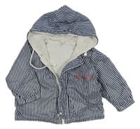 Tmavomodro-biela pruhovaná šušťáková jarná bunda s logom a kapucňou