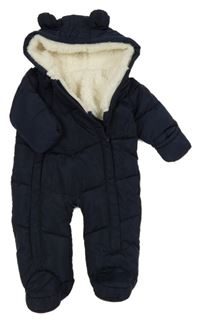 Tmavomodrá prošívaná šusťáková zimní kombinéza s kapucí s oušky Matalan