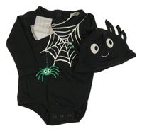 Nové - 2Set - Černé body s pavučinou a pavoučky + čepice John Lewis