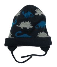 Tmavomodrá pletená čepice s dinosaury Topomini