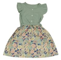 Tmavomodro-olivové květované žebrované šaty s volánky a páskem