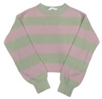 Světleolivovo/růžový pruhovaný rebrovaný pletený oversize crop sveter H&M