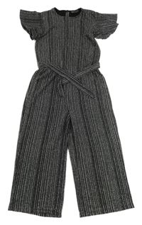 Černo-stříbrný pruhovaný kalhotový slavnostní cullottes overal se zavazováním PRIMARK