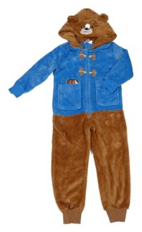 Kostým - Modro-hnědá plyšová kombinéza s kapucí - medvídek Paddington
