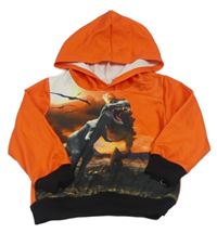Červeno-čierna mikina s dinosaurom a kapucňou