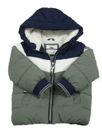 Khaki-tmavomodro-bílá šusťáková zimní bunda s kapucí C&A