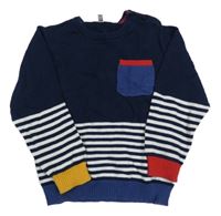 Tmavomodro-biely sveter s pruhmi a vreckom