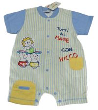 Nové - Bielo-modro-žltý pruhovaný kraťasový overal so zvířaty a nápisom