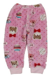 Růžové puntíkaté chlupaté pyžamové kalhoty s medvědy