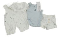 Nové - 4set - Smotanový bavlnený kraťasový overal s mořskými živočichy + kraťasy + klobouk + svetlomodré rebrované body F&F
