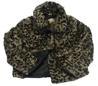 Tmacošedo-černý chlupatý podšitý crop kabátek s leopardím vzorom Tu