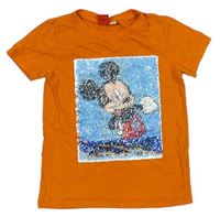 Oranžové tričko s Mickeym z flitrů Disney