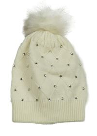Smetanová pletená čepice s kamínky a bambulí 