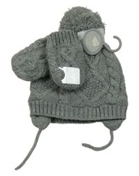 Nové - 2 set - šedá vzorovaná pletená čepice s bambulí + rukavice Primark