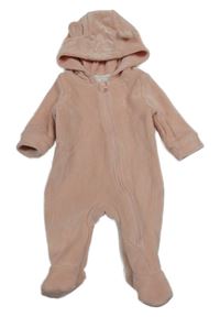 Růžová žebrovaná plyšová kombinéza s kapucí 