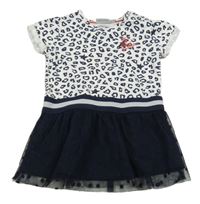 Bielo-tmavomodré vzorované šaty s tylovou sukní