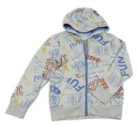 Svetlošedá -modrá melírovaná prepínaci mikina s nápismi a kapucňou Kids