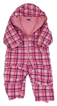 Růžovo-fialovo-bílá kostkovaná šusťáková zimní kombinéza s kapucí Lupilu