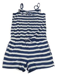 Tmavomodro-biely pruhovaný kraťasový overal s volánikom