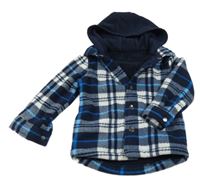 Tmavomodro-bílá kostkovaná fleecová zateplená bunda s teplákovou kapucí Dunnes Stores