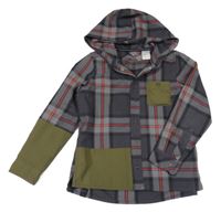 Šedo-khaki-červená kostkovaná košile s kapucí Adidas