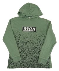 Zeleno-čierna mikina s fleky a nápisom a kapucňou H&M