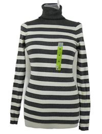 Nové - Dámsky sivo-biely pruhovaný rebrovaný svetrový rolák Primark