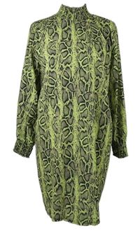 Dámske limetkovo-béžovo-modré vzorované šaty so stojačikom