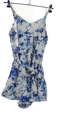 Nové - Dámsky bielo-modrý kvetovaný letný overal s opaskom Shein