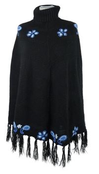 Dámské černé svetrové pončo s kytičkami a rolákem 