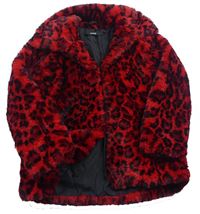 Červeno-čierny chlpatý zateplený kabát s leopardím vzorom George