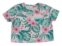 Svetloružové kvetinové crop tričko s listami Shein