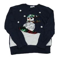 Tmavomodro-biely sveter so sněhulákem s překlápěcími flitre H&M