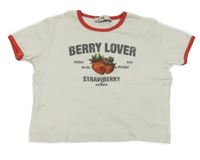 Bielo-červené crop tričko s nápisom a jahůdkami C&A