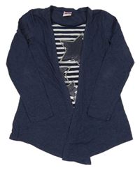 Tmavomodrý cardigán s všitým pruhovaným topem s flitrem zn. Yigga