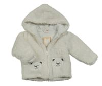 Biela chlpatá zateplená bunda s medvedíkmi a kapucňou Pusblu