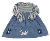 Tmavomodro-bílo pruhované šaty s riflovou sukní a kočičkami Topolino