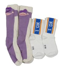 2set -  bílé ponožky s číslem + bílo-fialové s podkolenky s dinem 