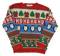 Červeno-farebný vzorovaný vianočný sveter s tučňáky H&M