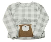 Sivo-biela kockovaná chlpatá mikina s medvedíkom Tress