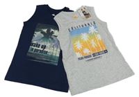 Nové - 2x Šedé + tmavomodré tílko s palmami Pocopiano 