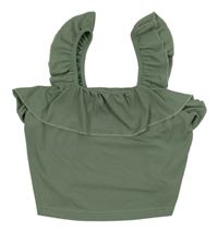Khaki rebrovaný crop top s volánikmi Shein