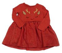 Červené bavlněno/tylové šaty so sobom a zlatými bodky zn. F&F