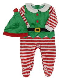 2Set - Červeno-bílo-zelený sametový overal s límečkem + čepice - elf PRIMARK