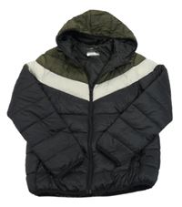 Černo-bílo-tmavokhaki prešívaná šušťáková zateplená bunda s kapucňou PRIMARK