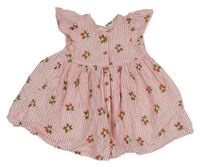 Růžovo-bílé pruhované plátěné propínací šaty s jahůdkami Next